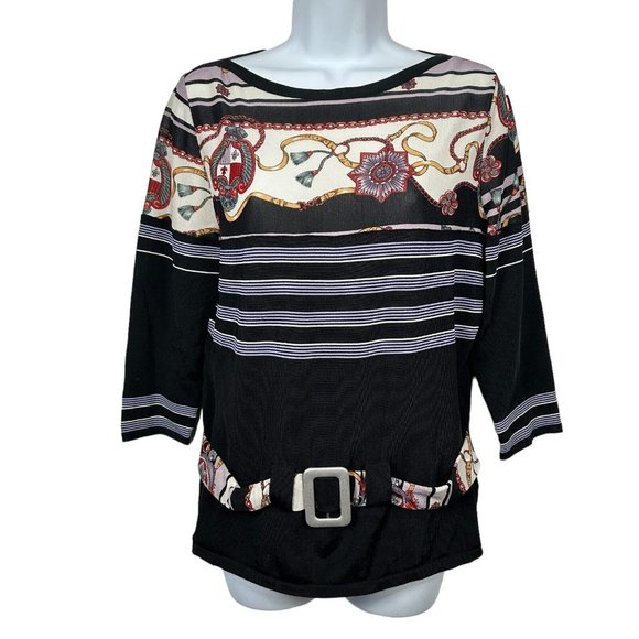 Feratelli Womens Medium Blouse Belted Art Stretch Black 3/4 Sleeves Striped - Picture 1 of 16